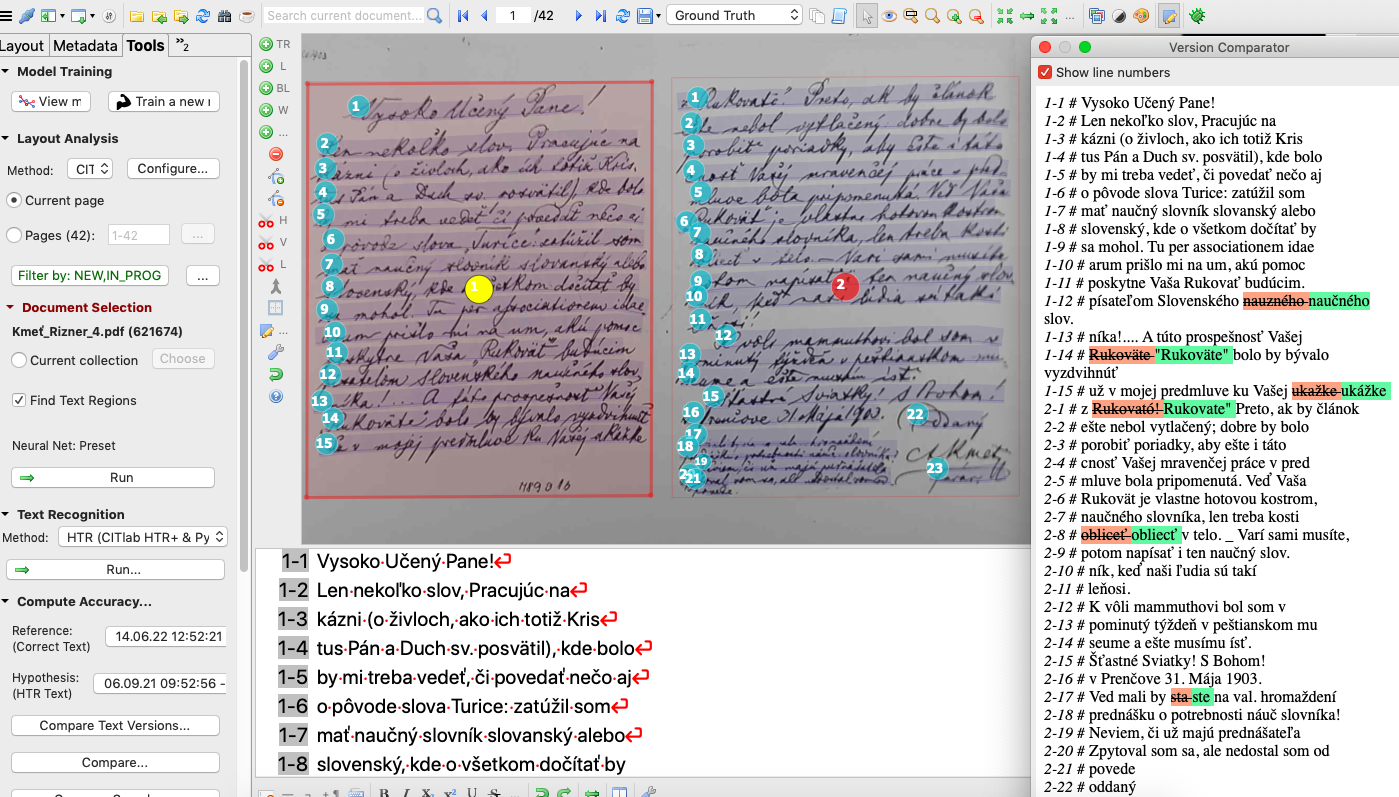 Obr. 6 Segmentacia textu- transkripcia v editore Transkribus a vysledok automatickej transkripcie.png