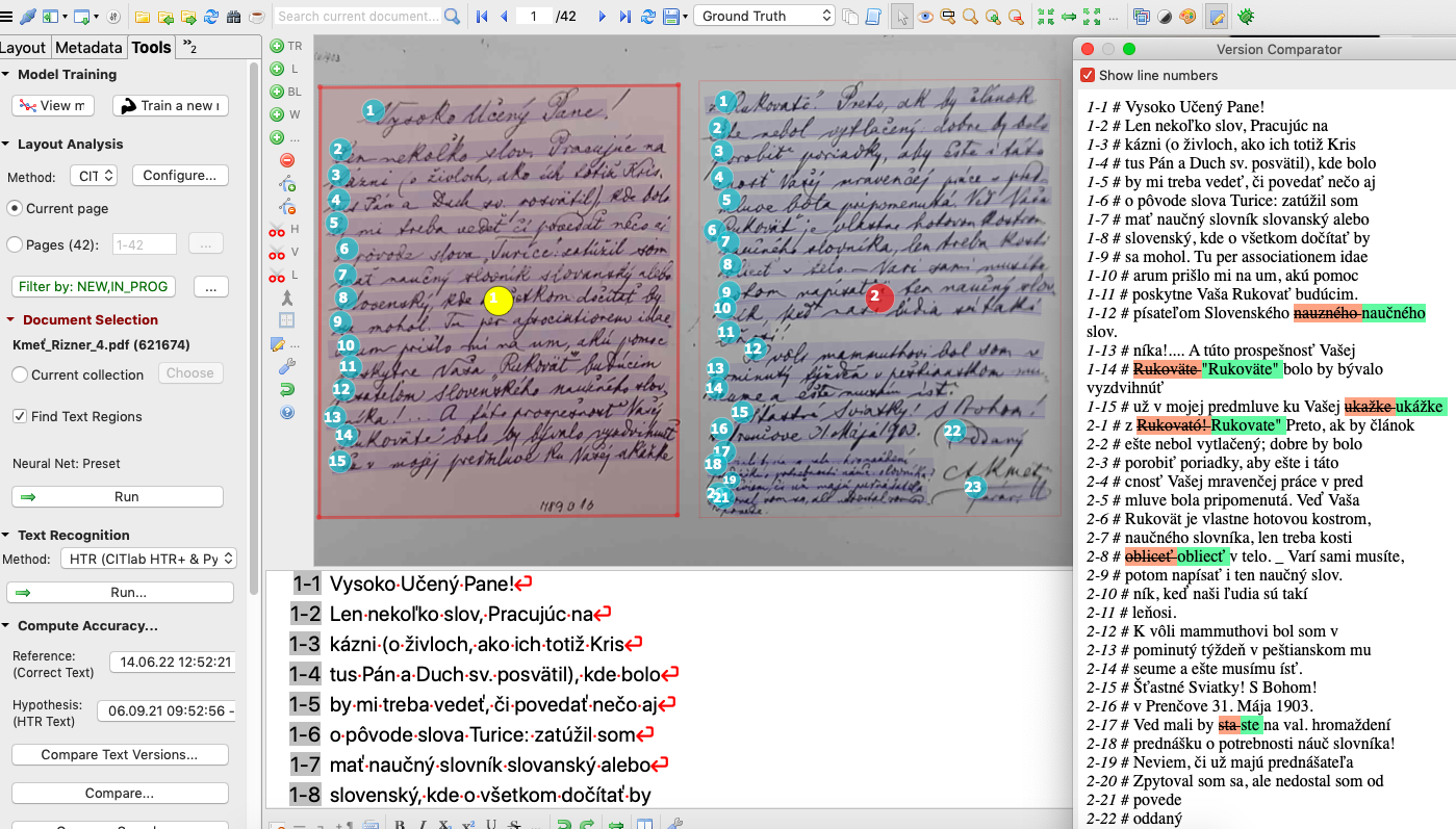 Obr. 6 Segmentácia textu, transkripcia v editore Transkribus a výsledok automatickej transkripcie.png